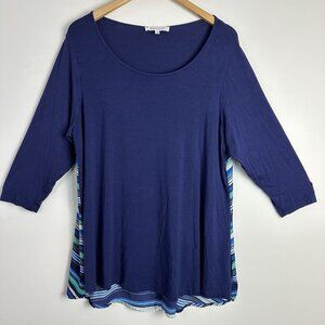 Rose + Olive Womens Tunic Blouse Shirt Top Size‎ 1X Navy Stripes Back Slit